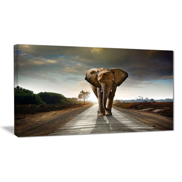 Design Art Impression d'Art sur Toile de Photographie d'Éléphant Marcheur Simple Mettant en Vedette une Toile en Coton Enveloppée pour Galerie avec un Éléphant Centré Marchant sur une Route Pavée au Coucher du Soleil, Entouré de Paysage Naturel et de Ciel Nuageux, Format 32l x 16H Pouces, Prêt à Accrocher comme Art Mural dans la Déco de la Maison.