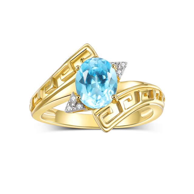 RYLOS Rings for Women 14K Yellow Gold Greek Key Designer Ring 9X7MM Gemstone & Diamond Ring December Blue Topaz Jewelry Size 7