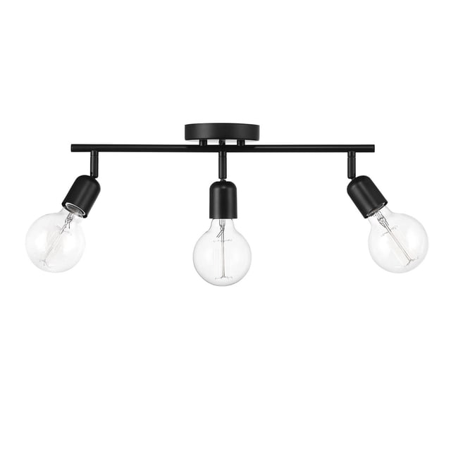 Pearson 3-Light Matte Black Track Lighting with three adjustable matte black cylindrical heads on a straight horizontal bar and round ceiling canopy, featuring clear E26 base bulbs, suitable for ceiling or wall installation and dimmable with compatible switches.