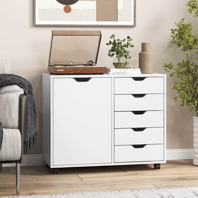 Costway Commode à 5 Tiroirs, Rangement Roulant, Classeur Latéral avec Tablette Ajustable
