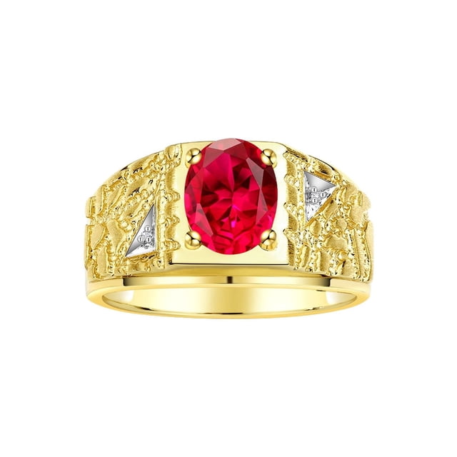 RYLOS Men's Rings 14K Yellow Gold Designer Nugget Ring Oval 9X7MM Gemstone & Diamonds Ruby July Birthstone Rings For Man Size 12