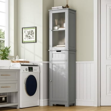 Homfa Tour de Rangement pour Salle de Bain, Armoire à Linge Étroite avec Porte et Tiroirs, Armoire de Rangement Haute pour Petite Salle de Bain, Gris