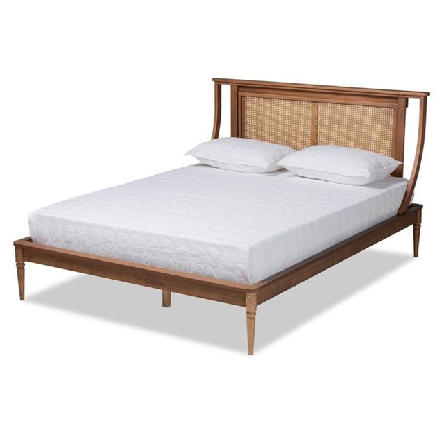 Baxton Studio Jamila Brown Finished Wood and Rattan Queen Size Platform Bed