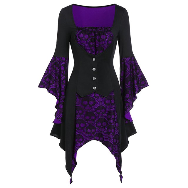 DYMADE Halloween Women Skull Button Gothic Irregular Top Cosplay Party Wear