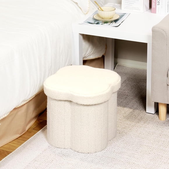 PINPLUS 12.6" White Ottoman Storage Box, Folding Storage Seat Box, Small Footstool For Living Room, Kid's Toy Chest Box, Teddy Flower Shape