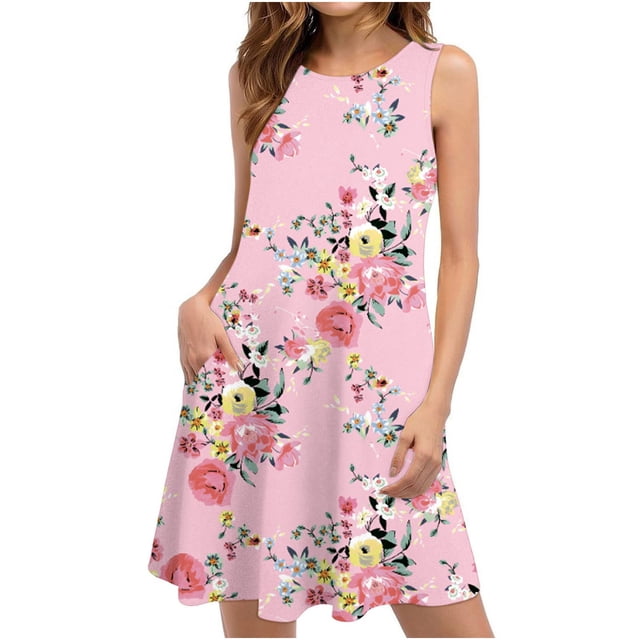 EGNMCR Robes de Vacances pour Femmes Robes d'Été pour Femmes Plage Floral T-Shirt Robe d'Été Décontractée Poches Robe Bohème à Bretelles