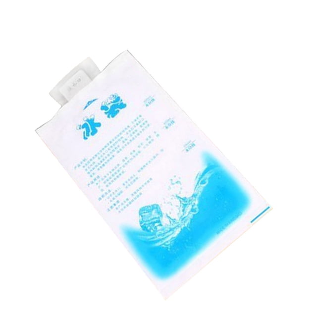 Wisewang 10pcs Cold Water Ice Gel Pack Reusable Long-Lasting Gel Wraps 200ml. A single gel pack is shown with a white exterior and blue gel visible inside. The pack features printed instructions and illustrations on the surface. Made from PE and resin, these reusable and biodegradable packs are ideal for keeping items cold for 4-6 hours, suitable for food transport, medical use, or soothing sore muscles. Dimensions for the 200ml size are 18x10cm.