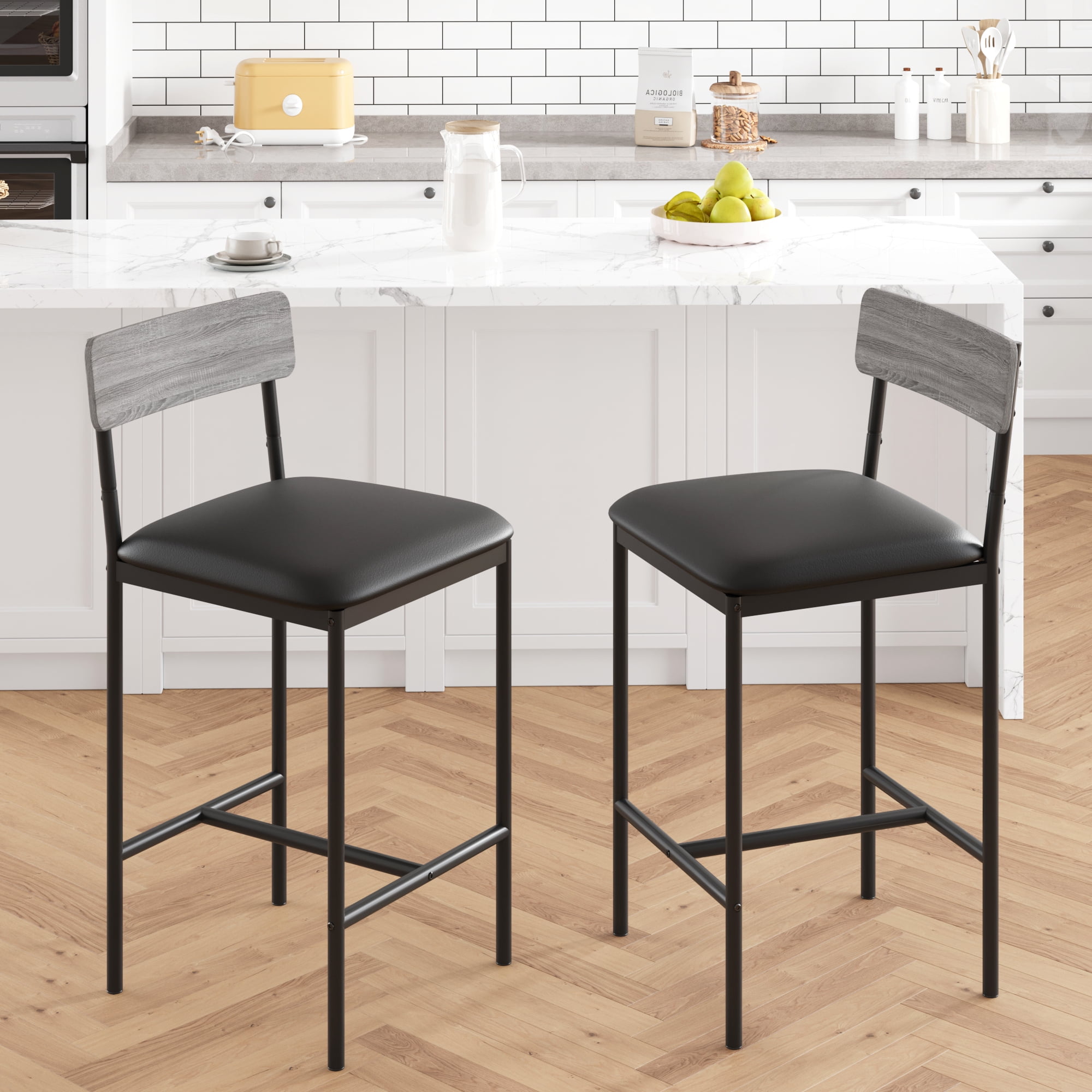 EastVita Bar Stools Set of 2, Kitchen Bar Stools with Footrest, 25.5 Inches Upholstered Bar Chairs with Back, Counter Height Barstools for Counter Bar, Island, Grey