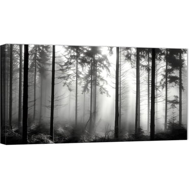 ZHONGYUTONG Large Black and White Canvas Wall Art Sunrise Misty Forest Tree Painting Prints Natural Scenery Pictures Home Decor for Living Room Office Framed (20.00" x 40.00")