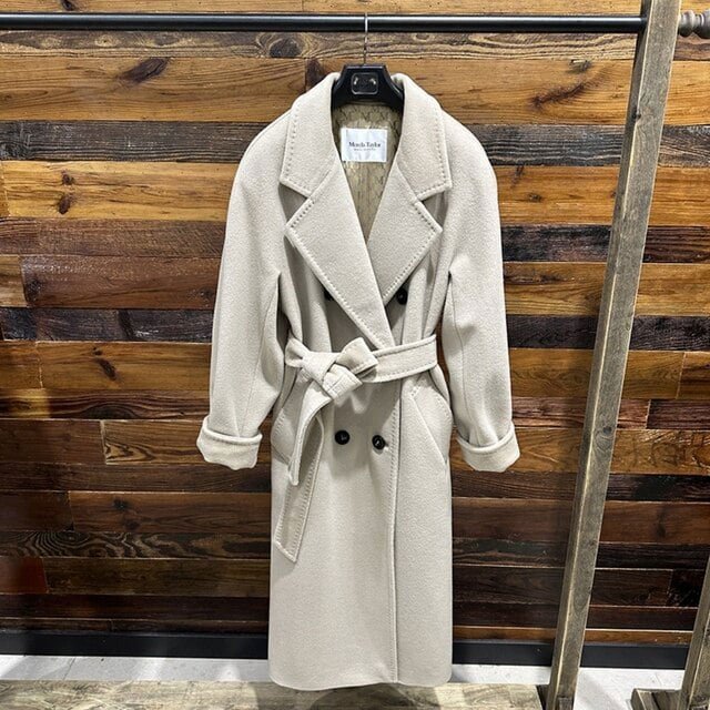QueenLine Cashmere Long Loose Double breasted Wool Camel Black, Belt Classic Commuter Coat