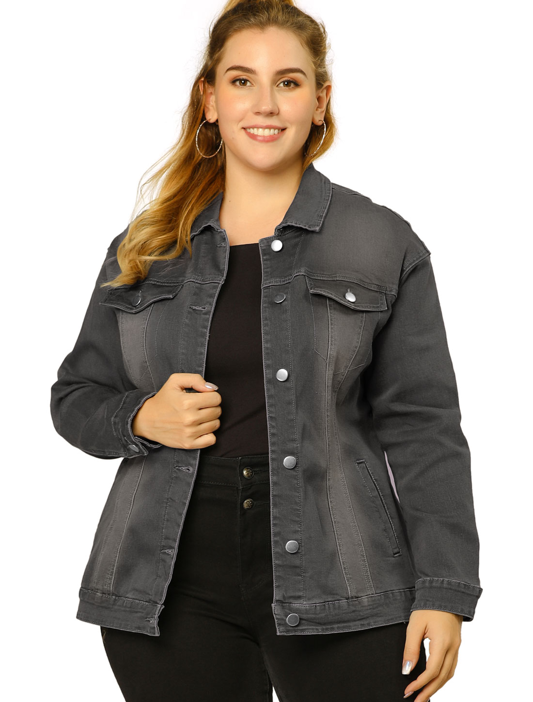 GRACE & GRANDEUR Veste en Jean Denim pour Femme Grande Taille à Manches Longues, Boutonnée, Coupe Régulière, Gris 4X