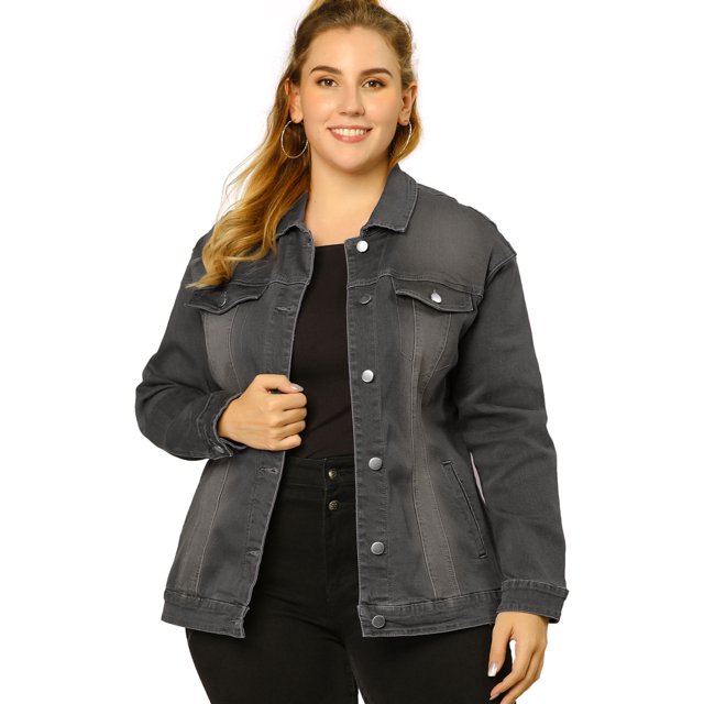 GRACE & GRANDEUR Veste en Jean Denim pour Femme Grande Taille à Manches Longues, Boutonnée, Coupe Régulière, Gris 4X