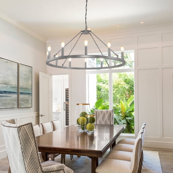 12-Light Black&Gold Wagon Wheel Chandelier Farmhouse 37.4'' Round Matte Black Chandelier for High Ceilings