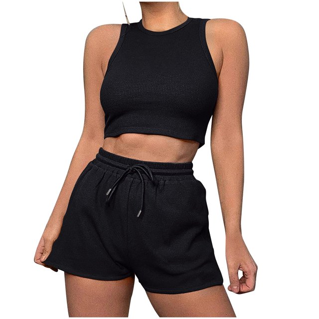 ShomPort Womens 2PC Matching Set Sleeveless Round Collar Crop Tops High Elastic Waisted Drawstring Shorts Comfort Athletic Outfits