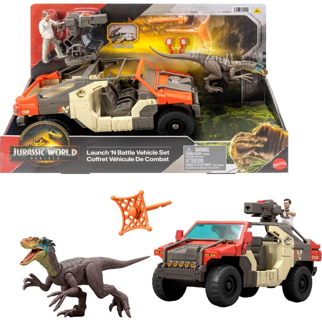 Jurassic World Rebirth Launch ‘N Battle Vehicle with 1 Human & 1 Raptor Figure, Turret & Projectiles showing a 10.7-inch long red and beige off-road vehicle with detachable turret launcher, a 7.5-inch long Velociraptor figure with textured skin and open jaws, a 3.75-inch tall human figure on the turret, and two orange projectiles including a dart and capture net, displayed in packaging and assembled for play.