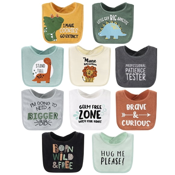 The Peanutshell Terry Feeding Baby Boy Bibs, 10 Pack, Dino