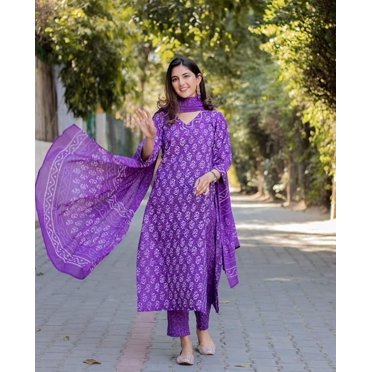Aizza Trends Ensemble Kurti Droit Imprimé en Tissu de Coton avec Pantalon et Dupatta