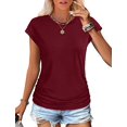thumbnail image 2 of T-shirts d'Été pour Femmes Froncés à Manches Courtes Style Cap, T-Shirts à Col Rond, Mode Rouge Vin TTG, 2 of 6