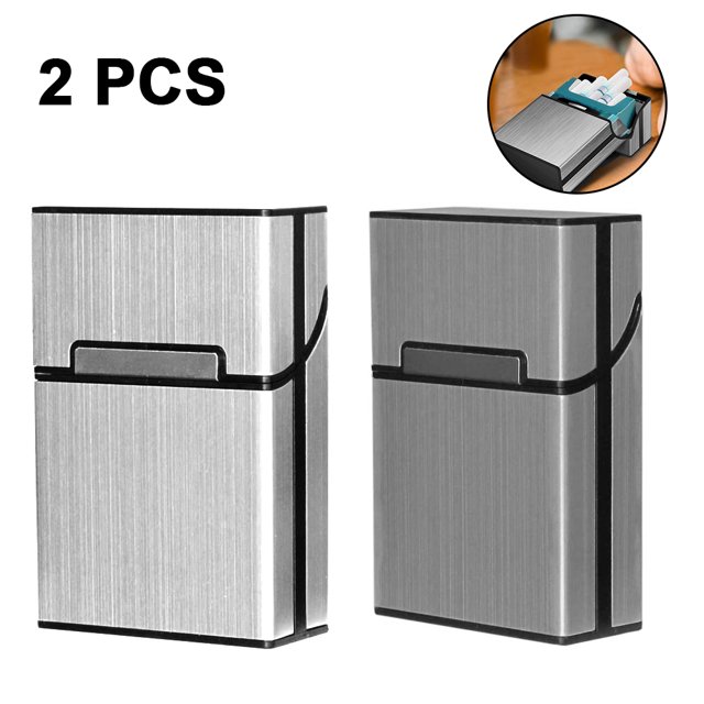 Brushed Aluminum Cigarette Case, Hard Box and Holder with Solid Magnetic Flip Top Closure. The image displays two cigarette cases made of brushed aluminum with black accents, designed to hold a full pack of cigarettes. Each case features a magnetic flip-top closure for easy use and secure sealing. A circular inset highlights the case's functionality, showing its ability to accommodate a cigarette pack without removing individual cigarettes. The cases are durable, scratch-resistant, and water-resistant, with dimensions of 60x90x27mm. Package includes one cigarette box.