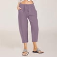 thumbnail image 2 of Penkiiy Women's Plus Size Cotton Linen Drawstring Cropped Capris, Purple, 5XL, 2 of 5