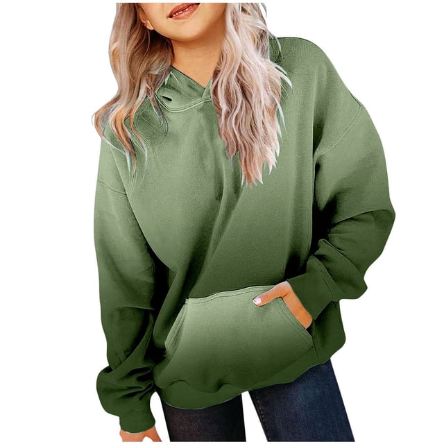 MIASHUI Girls Sweatshirt Tops Gradient Long Sleeve Oversized Hoodies Pullover,Dark Green,10-11 Years