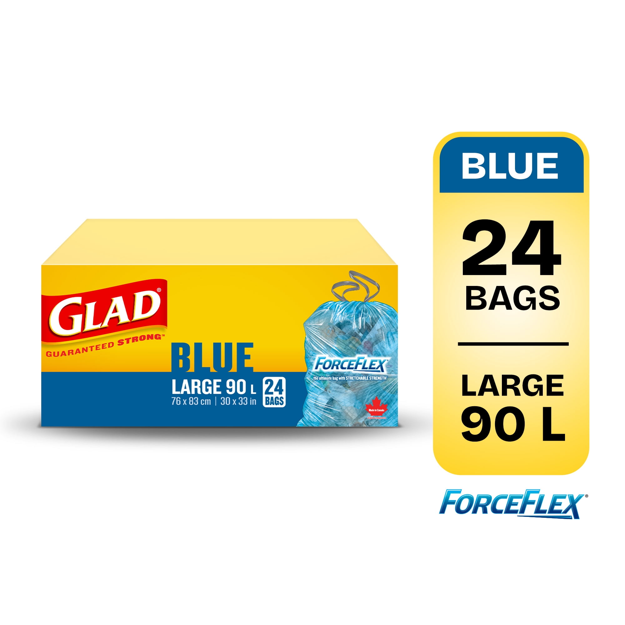 Sacs bleus pour la récupération de Glad, boîte de 24 grands sacs ForceFlex de 90 L à cordon coulissant
