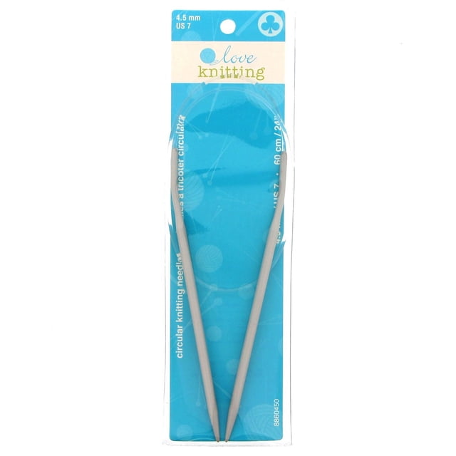 Love Knitting 24" Circular Knitting Needles in 4.5 mm (US 7) size, featuring smooth aluminum needles connected by a flexible clear cable, displayed on blue packaging with knitting-themed graphics, suitable for knitting in the round.