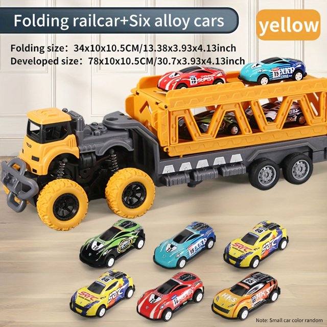 Voiture Jouet pour Enfants, Grande Remorque Inertielle à Éjection Plate, Rangement, Voiture de Course Pliable en Alliage, Ensemble, Comprenant un Wagon Pliant Jaune et six Voitures de Course en Alliage Colorées. Cet Ensemble de Véhicules Jouets Fonctionne avec un Mécanisme à Rétrofriction et Est Fait de Plastique durable, Idéal pour les Enfants de 3 à 8 Ans. les Dimensions Sont Fournies pour les Tailles Pliées et Développées.