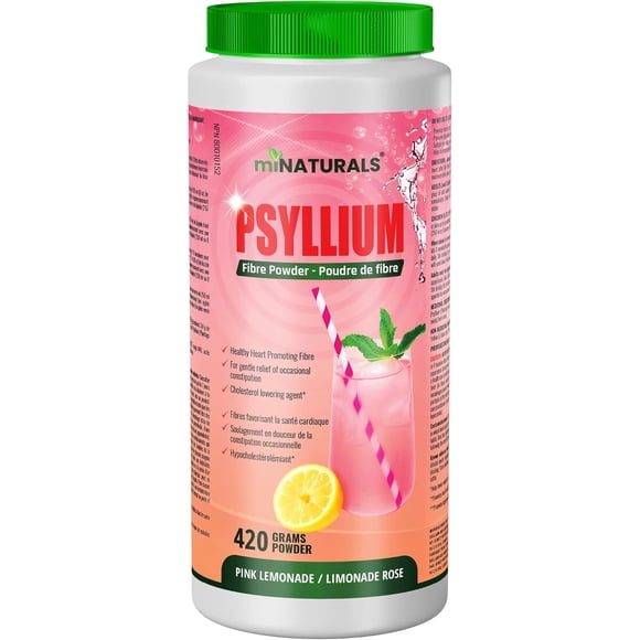 miNATURALS Psyllium Husk Powder Pink Lemonade, 420g | Psyllium Fiber Supplement for Regularity, Digestion, Cholesterol, and Weight Management | Canadian-Made Psyllium Husk Powder Drink Mix