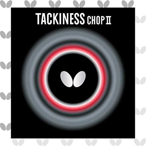 Butterfly Tackiness Chop II table tennis rubber sheet with an inverted surface, designed for defensive players seeking high spin and controlled offensive shots. The image shows the product packaging featuring a circular design with a red and black gradient and the Butterfly logo at the center. Available in 1.5 mm or 1.9 mm thickness and red or black color options.