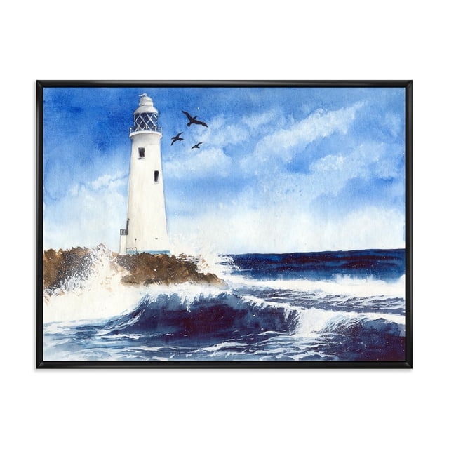 Designart Phare sur l'Île Rocheuse avec Cadre Flottant de Mouettes ART Mural Représentant un Phare Blanc sur une Île Rocheuse avec des Vagues de l'Océan s'Écrasant et Trois Mouettes Volant sous un Ciel Bleu PARTiellement Nuageux, Imprimé sur Toile de Coton de Qualité Supérieure Résistante à la Décoloration Tendue sur un sous-Cadre en Bois de 1 Po avec un Cadre Flottant Noir, Prêt à Accrocher et Adapté à une Déco Maison à Thème Nautique.