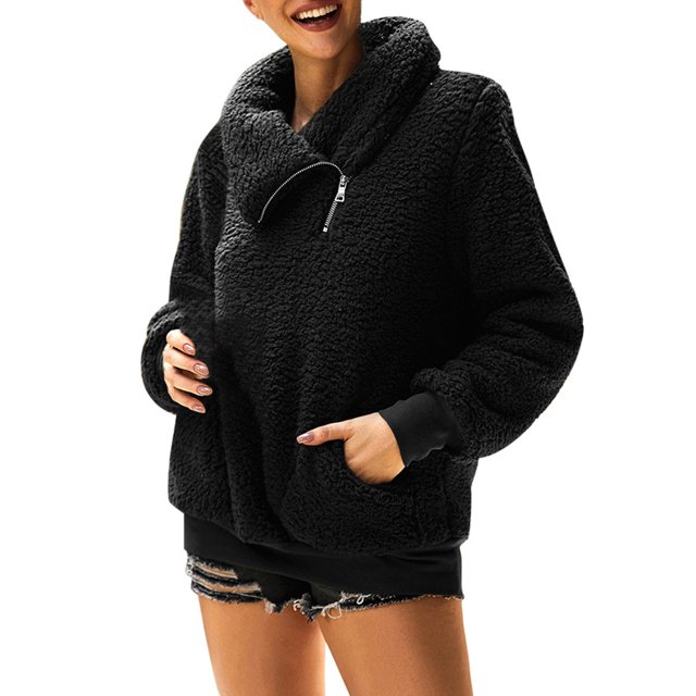 CEHVOM Womens Warm Faux Coat Jacket Winter Zipper Solid Long Sleeve Sweatshirt