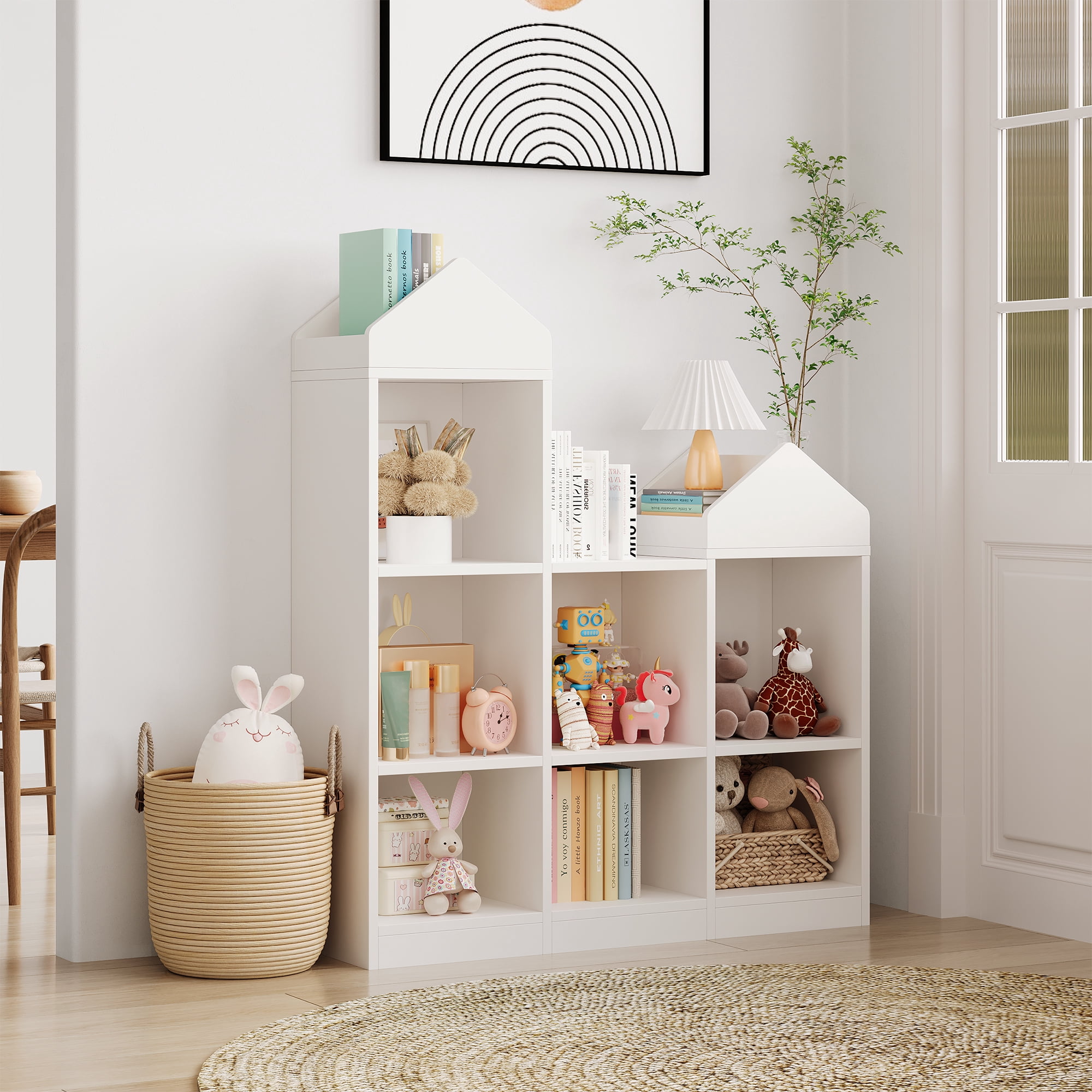 White Wooden 7-Cubby Cubby Shelf, Kids Book & Toy Storage Cabinet, Playhouse Style Organizer for Toddlers, Ideal for Kids Room and Playroom