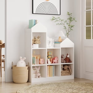 Bois blanc 7-Cubby Plateau de cubby, Livre pour enfants & Cabinet de rangement de jouets, organisateur de style Playhouse pour les tout-petits, idéal pour les enfants chambre et salle de jeux