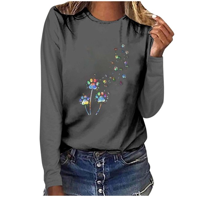 Pisexur Hauts pour Femmes Mode d'Automne T-Shirt à Imprimé Graphique Amusant Col Rond Manches Longues Chemises pour Femmes Chic Décontracté Hauts de Sortie Confort Polyvalent Blouses Légères