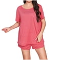 thumbnail image 2 of AherBiu Ensembles de Pyjamas Grande Taille pour Femmes Col Ras du Cou Manches Courtes Hauts T-Shirts avec Shorts à Jambes Larges Ensemble de Pyjama 2 Pcs, 2 of 4