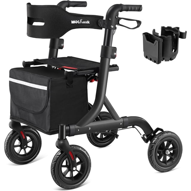 MAXWALK rollator walker for seniors in black, featuring a foldable aluminum frame with adjustable height handles (32.2"-36.2"), 8-inch all-terrain rubber wheels, and a built-in brake cable system for safety. Includes a padded seat, cushioned backrest, removable cup holder, cane holder, and storage pouch. Designed with a sturdy triangular structure supporting up to 300 lbs, suitable for various surfaces like gravel, grass, and wood floors.