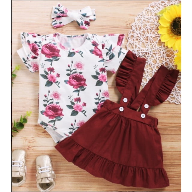 Ensemble 3 Pcs pour Bébé Fille, Barboteuse à Manches Courtes à Col Rond Rose Sucrée + Jupe à Bretelles + Couvre-Chef à Nœud