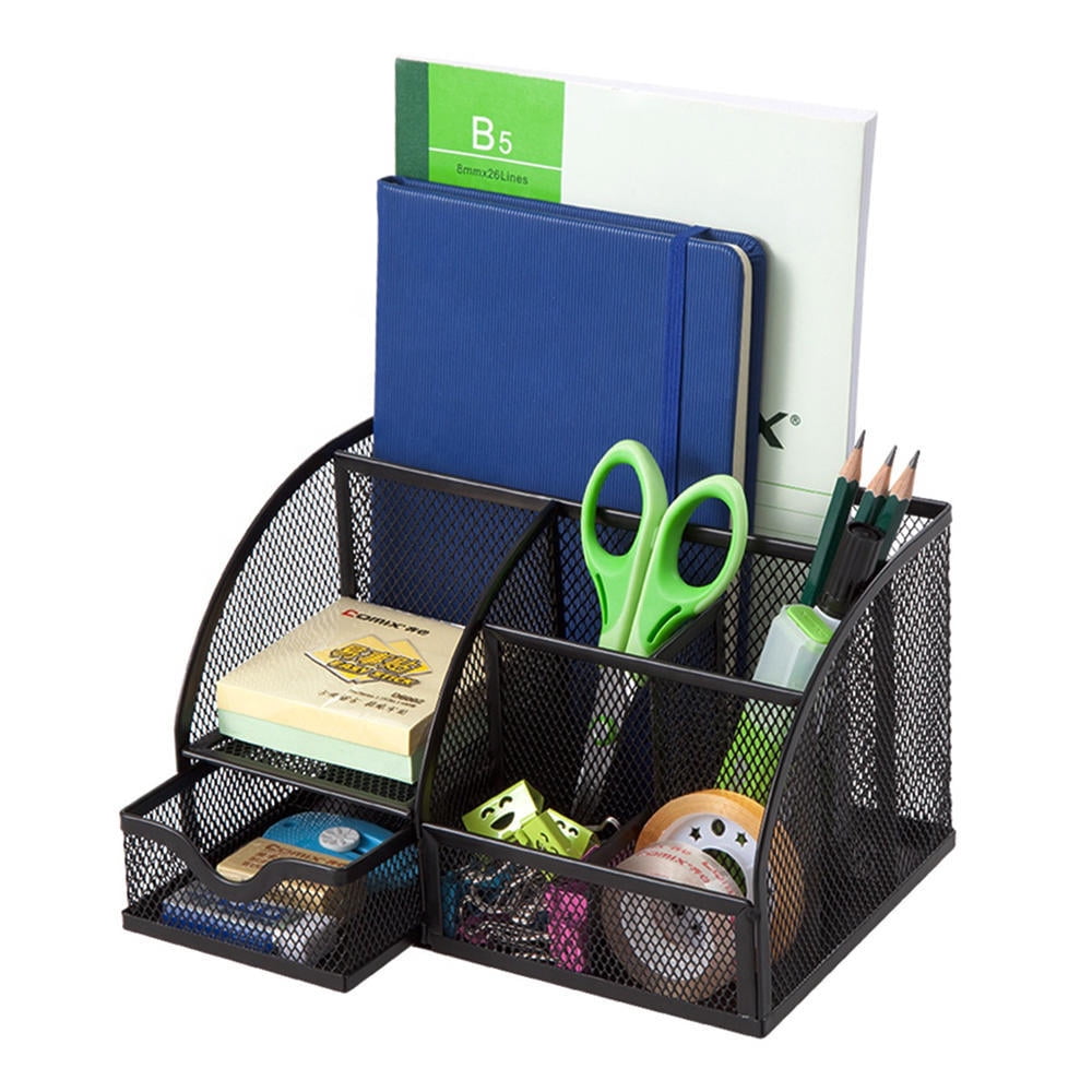 7 Section Metal Mesh Office Desktop Organizer, Pencil Cup Holder Desk Organizer Caddy Pen Stand with Drawer, Black