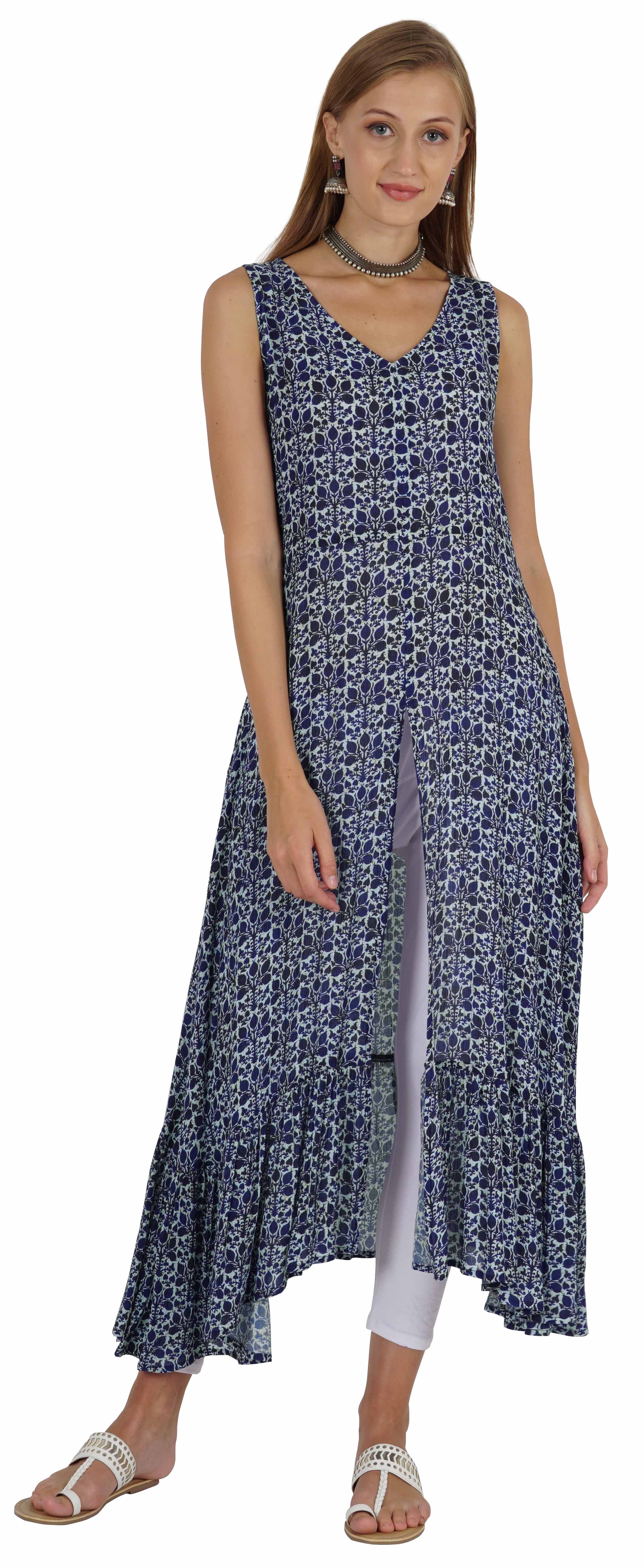 Phagun Kurti Évasé Imprimé Indo Western pour Femmes Sans Manches Tenue Traditionnelle Indienne