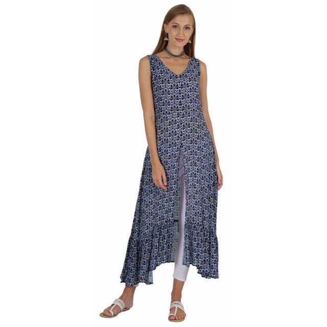 Phagun Kurti Évasé Imprimé Indo Western pour Femmes Sans Manches Tenue Traditionnelle Indienne