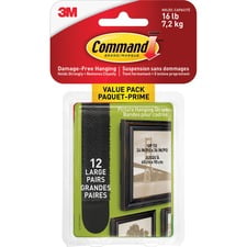 Attaches pour grands cadres Command, supporte 6,8 kg (15 lb), noir, fixation sans dommages, 12 paires de bandes adhésives