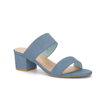 BLISSFUL STEP Women's Shoes Dual Straps Mid Block Heel Slide Sandals Haze Blue 7