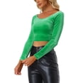 thumbnail image 4 of INSPIRE CHIC Women's Velvet Long Sleeve Off Shoulder Solid Crop Tops XS Green, 4 of 6