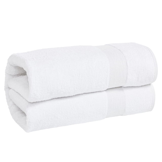 Fabstyles Oversized Premium Bath Sheet (40 Inches by 80 Inches), extra thick and absorbent white 100% cotton bath towel sheet folded showing plush texture and ribbed band, jumbo size with hanging loop suitable for drying after shower