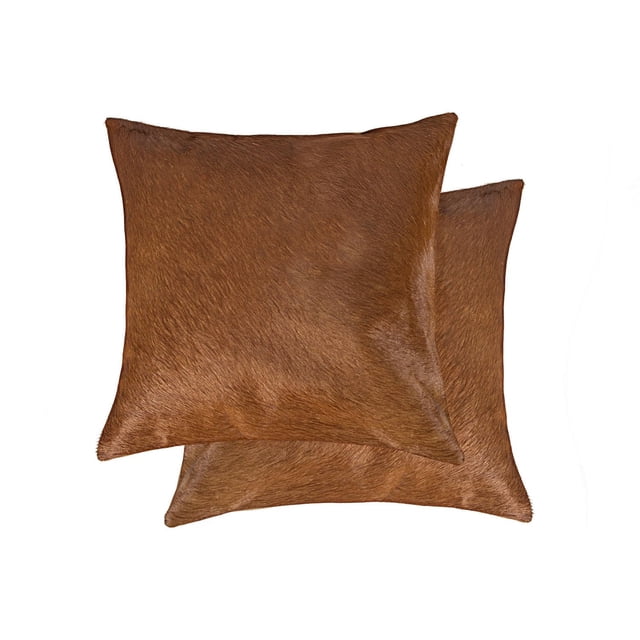 TORINO COWHIDE PILLOW 18"X18" 2-PACK with two brown square pillows made from 100% natural Indian cowhide, featuring soft microsuede backing, hidden zipper closure, and polyfil insert, ideal for layering and adding warmth to home décor.