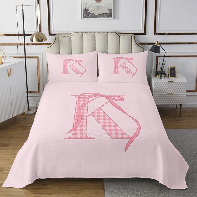 Erosebridal Plaid Initial K Coverlet Set King, Kawaii Ribbon Bedding Set, Cartoon Bow Decor 3pcs