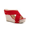 thumbnail image 1 of BLISSFUL STEP Chaussures pour Femmes à Plateforme Compensée à Brides Croisées Clous Tige en Tissu Sandales à Talons à Bout Ouvert Rouge 9, 1 of 5