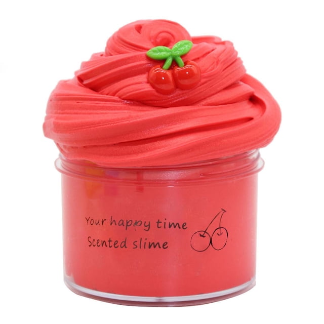 Aqestyerly DIY Slime Surprise Toy, a super soft, non-sticky red slime in a clear container with cherry-themed decorations. Perfect for kids' arts and crafts, party activities, and stress relief. Safe and gentle, suitable for creative play under adult supervision.