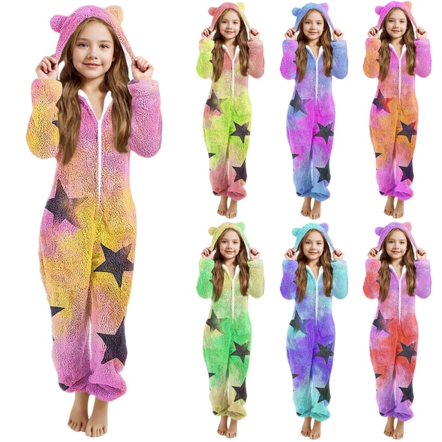 MKOSPLRT Girls Fleece Zip Up Jumpsuits Kids Hooded Rompers Fuzzy Onesie Warm Cute Strars Gradient Sleepwear Winter Clothes 5-15 Years